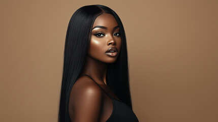 Elegant Black Woman with Long Keratin Straightened Black Hair in Studio, Black Posh Beauty with Straight Hair, African American Female in Black Dress on Dark Beige, Mocha Mousse Background.	