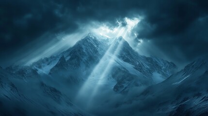 Majestic Mountain Peak Bathed in Sunlight Through Dramatic Clouds