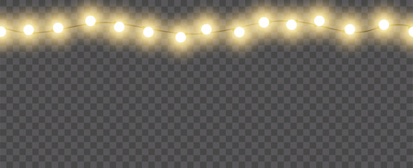 Christmas golden lights isolated on transparent background. For New Year and holiday decoration. Vector Christmas lights. Christmas garland. Christmas decoration, LED lamps. 