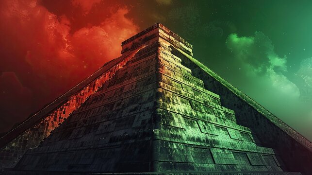 Fictional Pyramid of the Sun glowing in Mexican flag colors under a bright sky