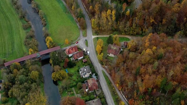 Aerial view of autumn trees on a sunny day in the Black Forest, Baar, Heuberg, Baden-W&uuml;rttemberg, Germany
