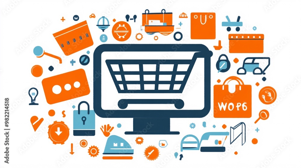 Poster a desktop monitor showing a full online shopping cart with bold discount signs across various items.