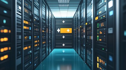 Data Center Server Room with Plus Sign - Technology Concept
