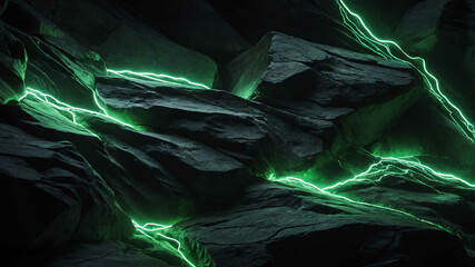 Neon green light on chiseled stone surface background