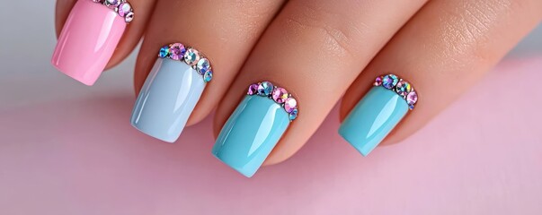 Vibrant pastel nail art with rhinestone accents on manicured nails. Perfect for a stylish and trendy look.