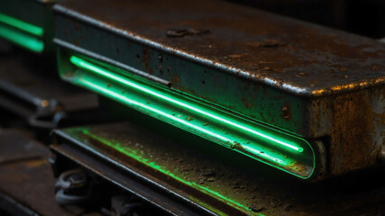 Obraz premium Neon green light on rusted metal surface background