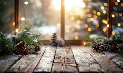 Wooden table decorated with pinecones and Christmas lights, creating a warm and cozy winter holiday scene. Free copy space for text.
