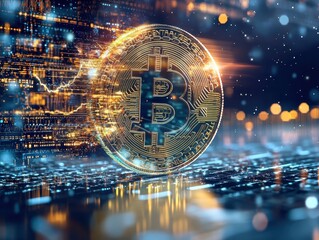 A digital Bitcoin coin in a futuristic environment symbolizing blockchain technology, cryptocurrency, and digital finance.