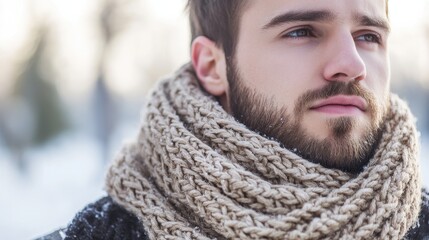 Cozy Winter Stroll - Stylish Man in Knitted Scarf Enjoying a Seasonal Walk in the Snowy Landscape