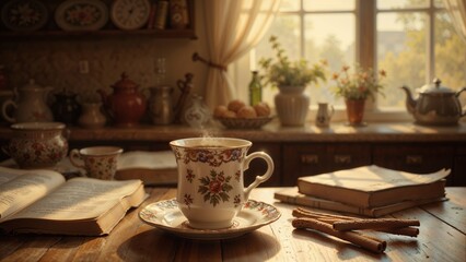 Obraz premium Elegant coffee cup on table with books and warm sunlight in cozy kitchen