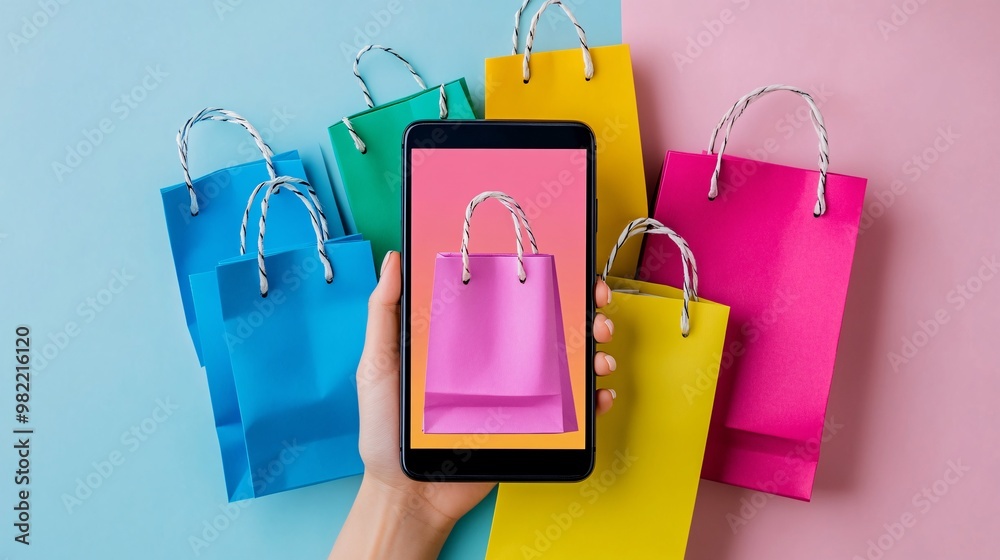 Poster a mobile device showing a shopping interface filled with colorful pop-up discounts and flashing sale
