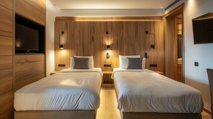 Fototapeta premium Interior photography, modern hotel room, with twin beds, in modern style