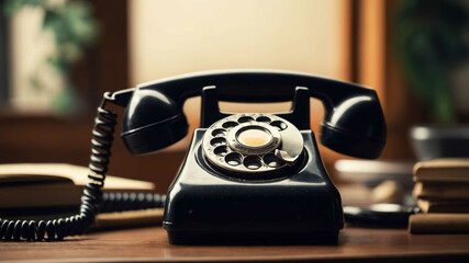 Old fashioned rotary phone on desk background