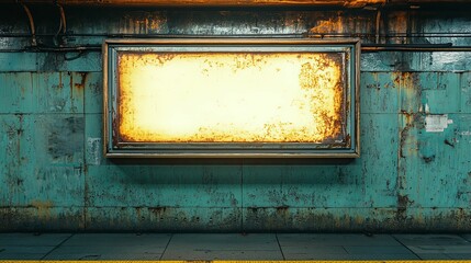 Naklejka premium Rusted Billboard with Glowing Light in a Subway Tunnel