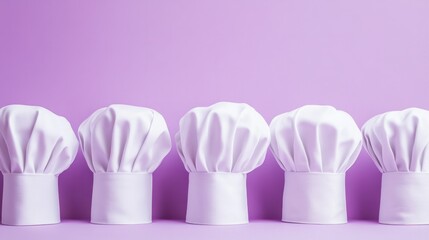 A clean, simple set of white chef hats arranged in a row on a pastel lavender background, perfect for food industry themes.