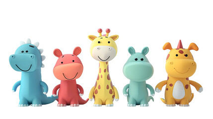 Naklejka premium A group of cute cartoon animal toys. The toys are a giraffe, two hippos, a dinosaur and a dragon. They are all brightly colored and have friendly smiles.