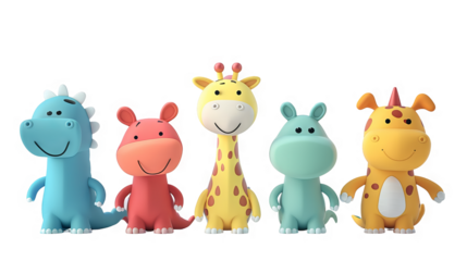 A group of cute cartoon animal toys. The toys are a giraffe, two hippos, a dinosaur and a dragon. They are all brightly colored and have friendly smiles.