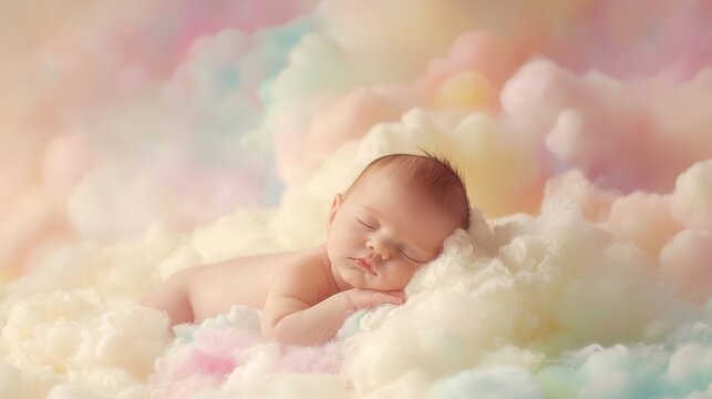 Adorable sleeping baby surrounded by fluffy, colorful clouds, creating a dreamy, peaceful atmosphere. Perfect for baby-themed projects and design.