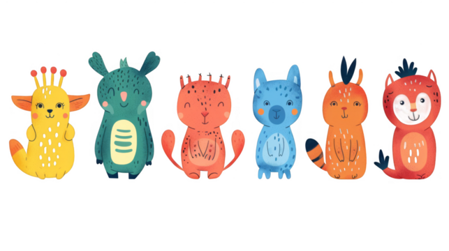 Six colorful cartoon creatures with happy faces. They are standing in a row on a white background.  The illustration is drawn in a whimsical and friendly style.