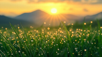 Naklejka premium Dewdrops on Blades of Grass with Sun Rising in the Distance