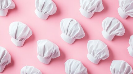 A collection of stylish white chef hats placed on a pastel pink background, symbolizing fine dining and culinary precision.