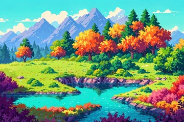 Naklejka premium A colorful landscape of a serene lake surrounded by vibrant autumn trees and mountains, perfect for nature or outdoor designs.