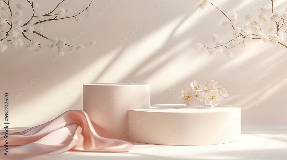 Poster Elegant 3D rendering of minimalism with soft pink and beige podiums, draped silk fabric, gentle shadows, and delicate flowers on a serene background