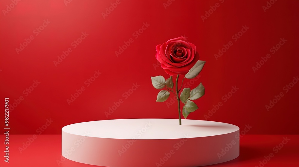 Poster Suitable for Product Display and Business Concept Modern aesthetic Product podium and fresh rose flower on red background Elegant beauty concept