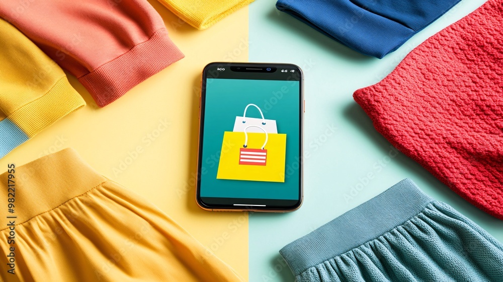 Poster a mobile shopping app filled with product listings, interrupted by colorful pop-up discount alerts. 