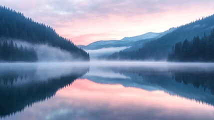 Obraz premium Serene Foggy Landscape with Reflection of Pink Sky over Still Water