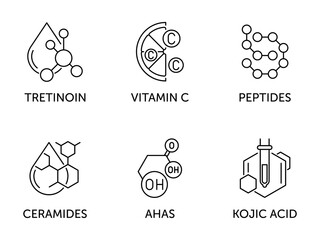 Peptides, Vitamin C, Tretinon, Kojic acid, AHAS and Ceramides - icons in thin line