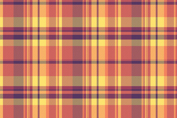Deco check vector texture, merry seamless textile background. Crossed plaid tartan fabric pattern in red and yellow colors.