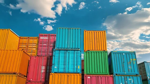 Colorful Shipping Containers Against Blue Sky