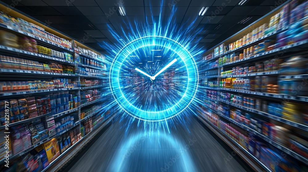 Poster an intense flash sale scene with a large countdown clock in the center, ticking away. products are s