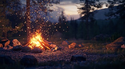 Illustration of a bonfire in the forest at night