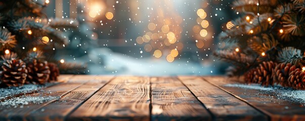 Wooden table decorated with pinecones and Christmas lights, creating a warm and cozy winter holiday scene. Free copy space for text.