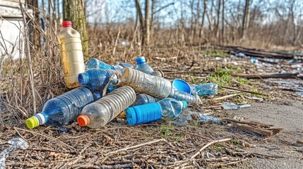 Fototapeta premium Pile of Discarded Plastic Bottles Representing Environmental Pollution
