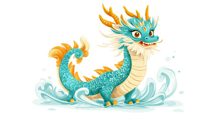 Colorful cartoon illustration of a Chinese dragon in turquoise pattern