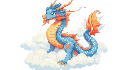 Fototapeta premium Colorful cartoon illustration of a Chinese dragon in turquoise pattern