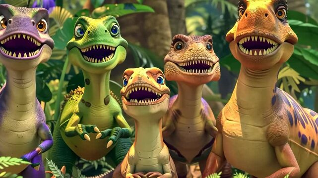 Family of five colorful dinosaurs posing together in a lush jungle setting