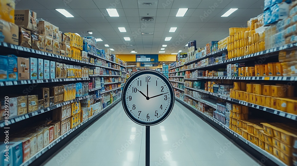 Poster A fast-paced flash sale visual featuring a large countdown clock at the forefront. Around it are products with visibly slashed prices, urging shoppers to take immediate action before the timer runs
