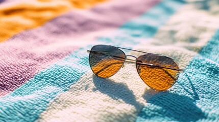 Summer Vibes: Sunglasses Resting on Colorful Beach Towel for Relaxation by the Sea