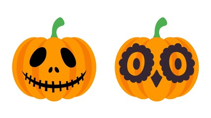 Pumpkin head set. Cute and scary halloween pumpkin monster set. Holidays cartoon character in flat style collection. Halloween pumpkins concept
