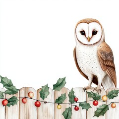 A barn owl perched on a snowy fence with holiday lights, watercolor illustration, isolated on white background