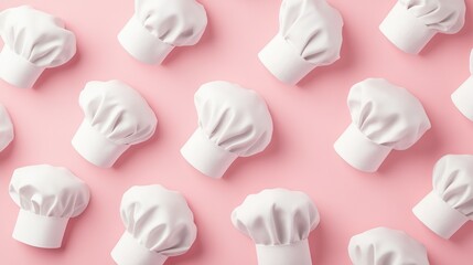 A set of white chef hats placed on a pastel pink background, perfect for restaurant menus or cooking-themed graphics.