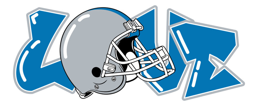 Love - blue and silver football player helmet, sport vector graphics, hockey, for street art - graffiti lettering typography - art illustration - multicolor - writen Word -			
