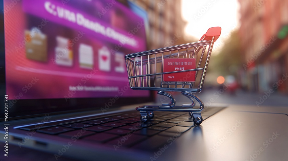 Poster A close-up of a laptop screen with an online shopping cart and a secure checkout button. The image highlights the ease and security of digital payments with a credit card and e-wallet options