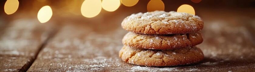 Delicious homemade cookies stacked on a wooden table, dusted with powdered sugar, perfect for festive occasions.