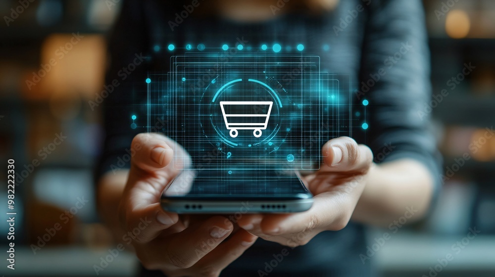 Poster A hand holding a smartphone with a digital payment interface, ready to confirm a purchase with a secure checkout button. The image emphasizes quick and safe transactions during online sales. Large