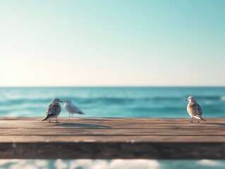 Seagulls on wooden dock